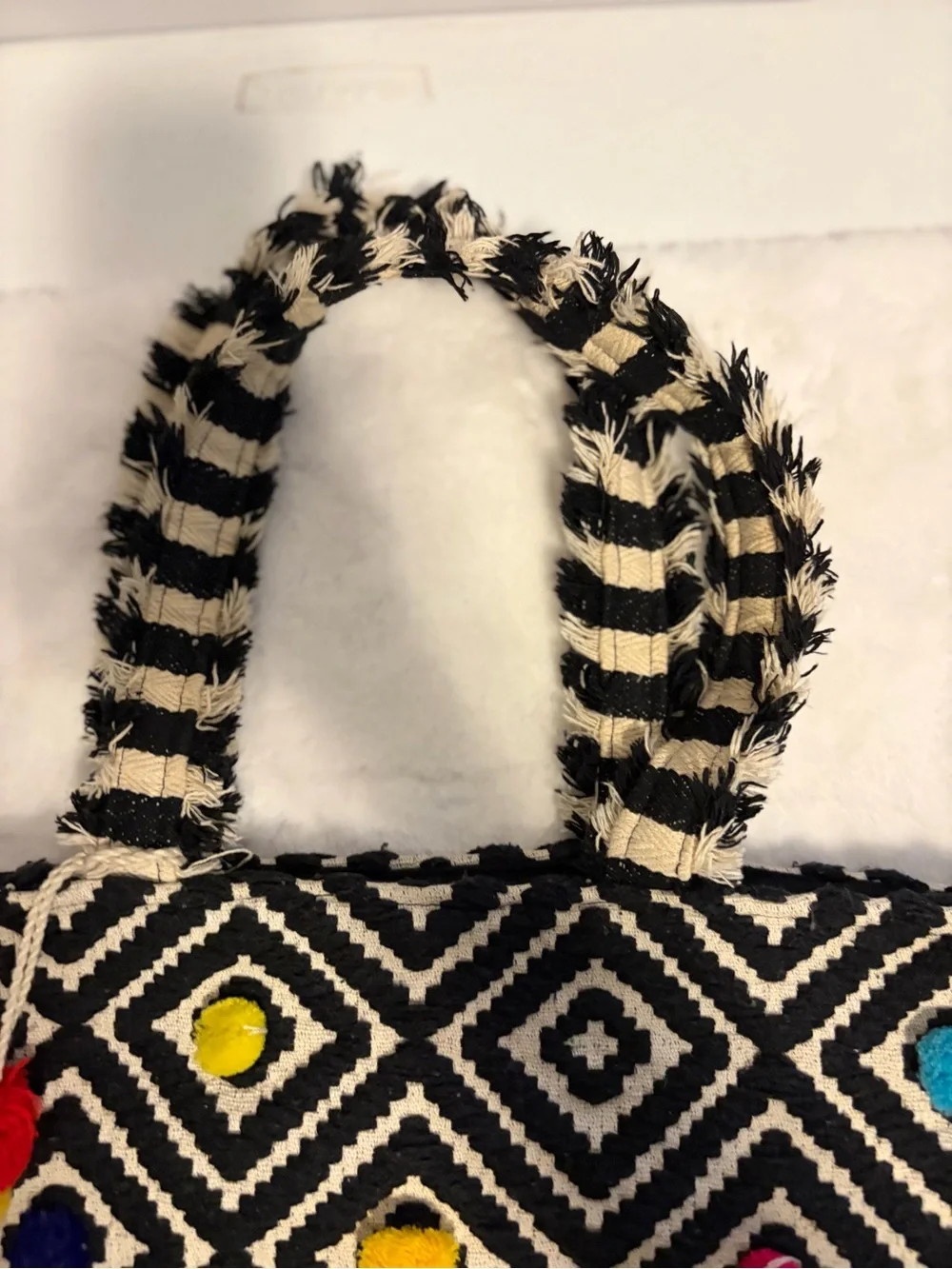 Women’s Black Cream Woven Geometric Tote Bag Colorful Tassel Boho